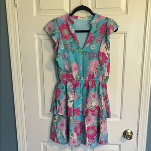 Impressions Floral Tiered Dress in Blue & Pink